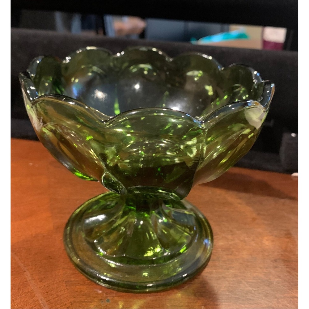 Vtg Anchor Hocking Fairfield Green Art Glass Pedestal Compote Footed Candy Dish